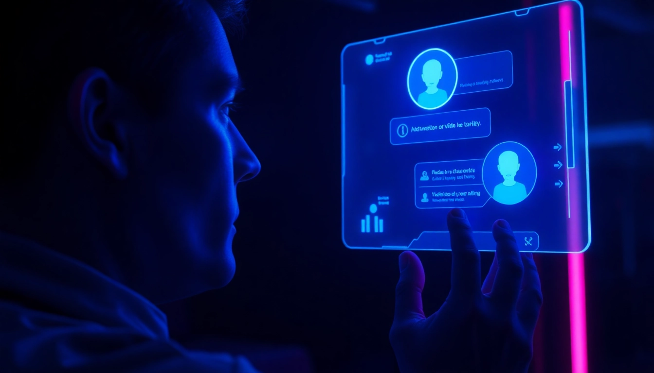 Futuristic scene of a person interacting with a glowing AI holographic interface in a dark room.
