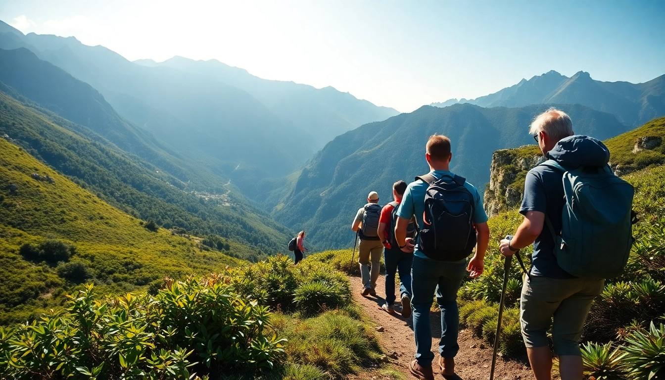 A guided trek through lush mountains featuring hikers following an experienced guide on a scenic trail in natural surroundings.