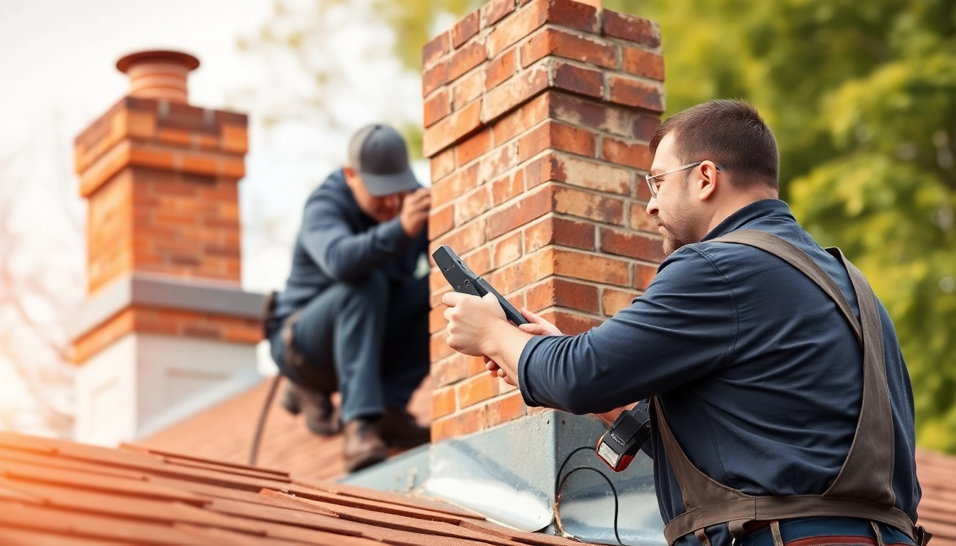 Experienced chimney repairs specialist inspecting a brick chimney to ensure safety and functionality in a home setting.