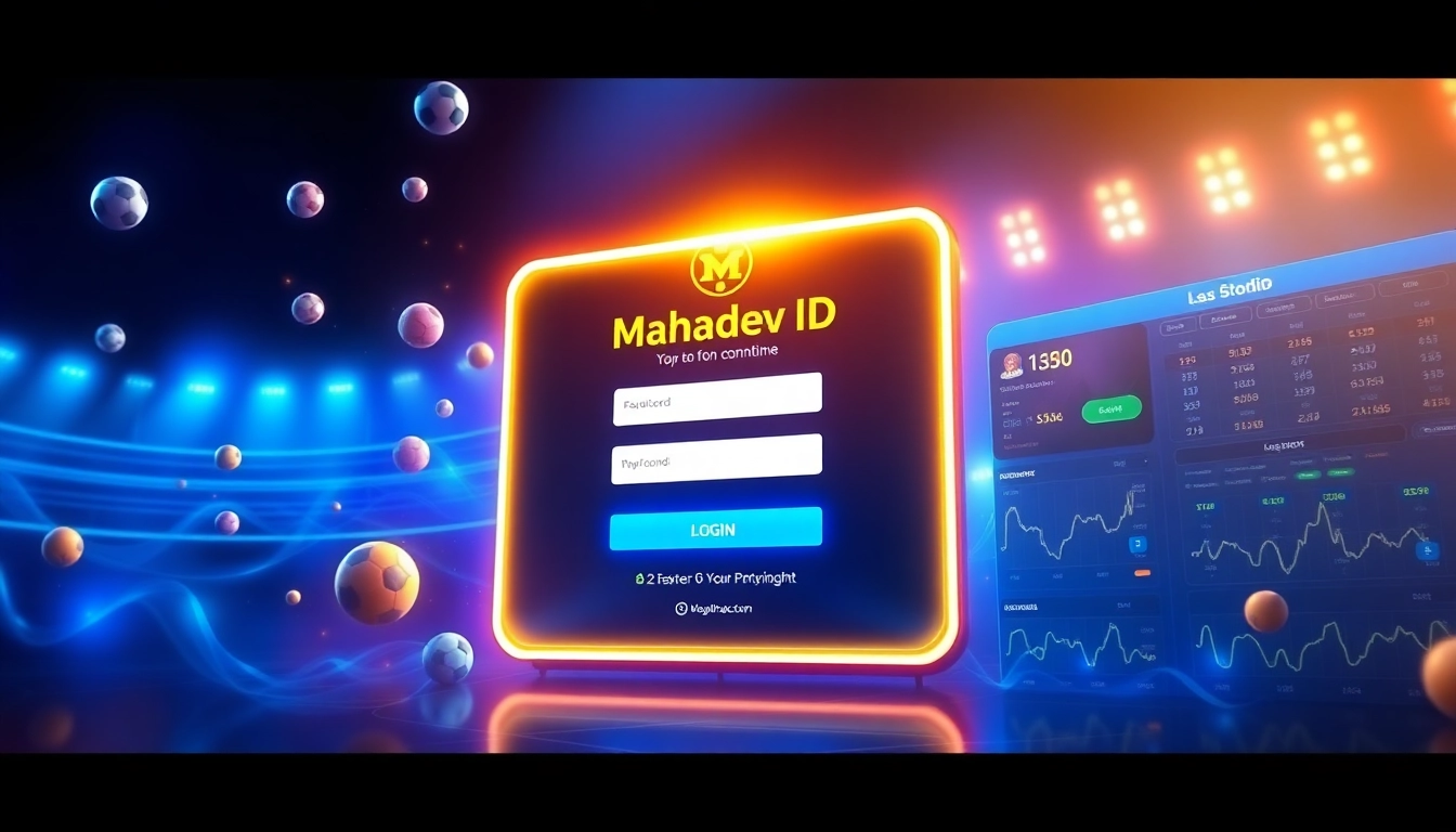 Mahadev ID security login portal with sports icons and betting charts, emphasizing trust and excitement for users.