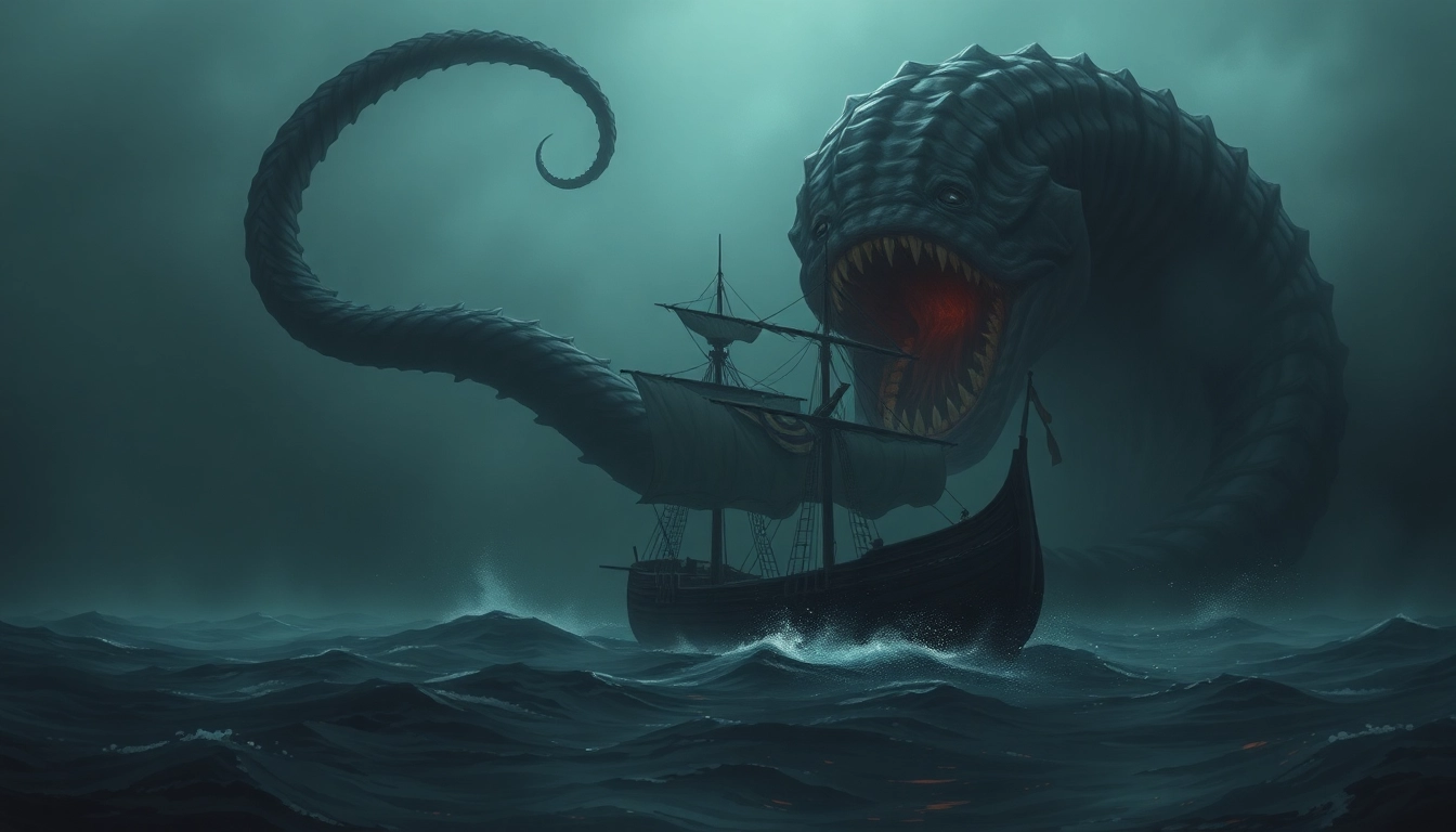 The monster attacking a ship with massive tentacles and glowing eyes in the deep ocean