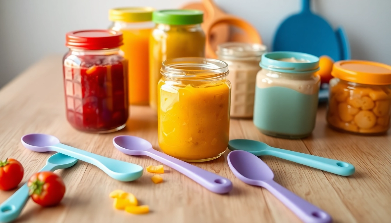 Bright image of baby weaning foods in silicone dishes with utensils, highlighting healthy