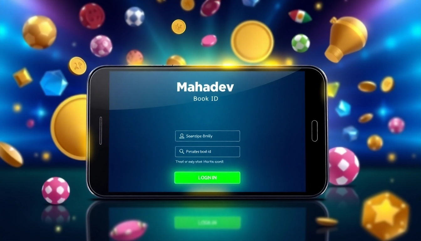 Mahadev book id user login screen on mobile app with vibrant sports and casino elements,