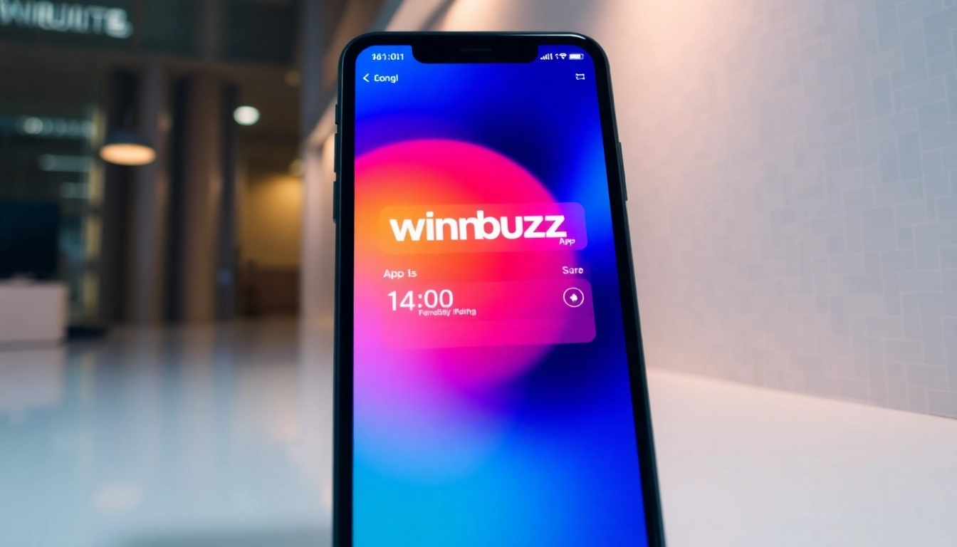 A modern smartphone showing the Winbuzz App interface with engaging mini-games and betting