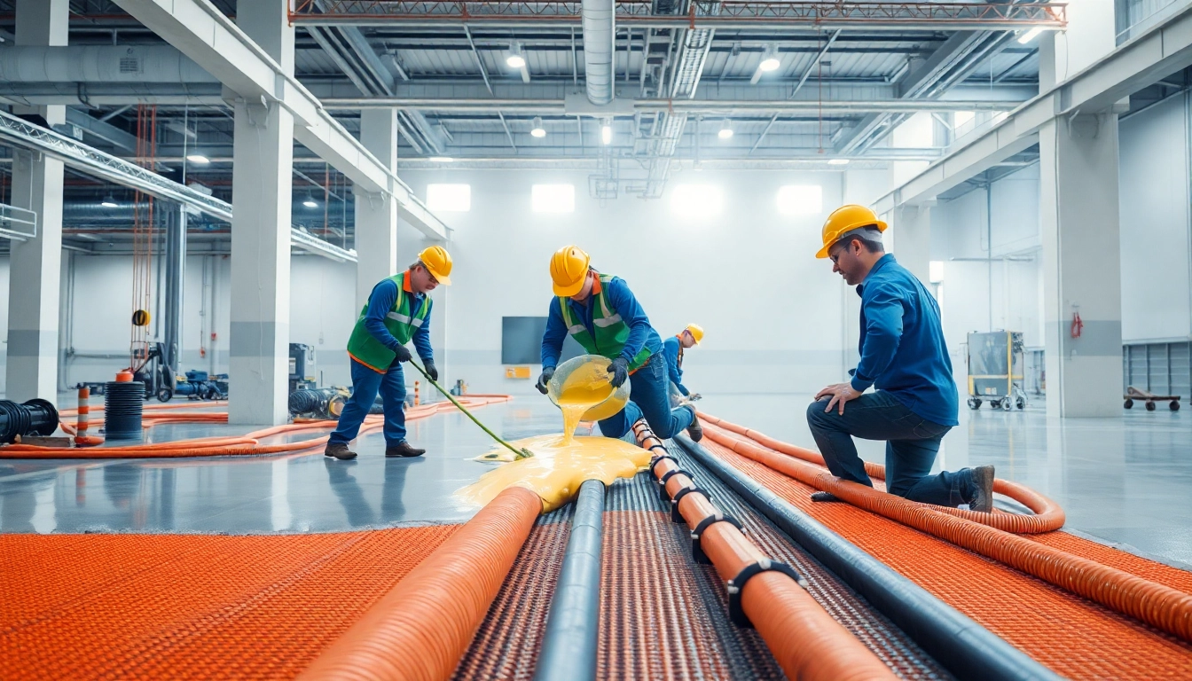Experienced specialists applying liquid screeding in Birmingham for efficient underfloor
